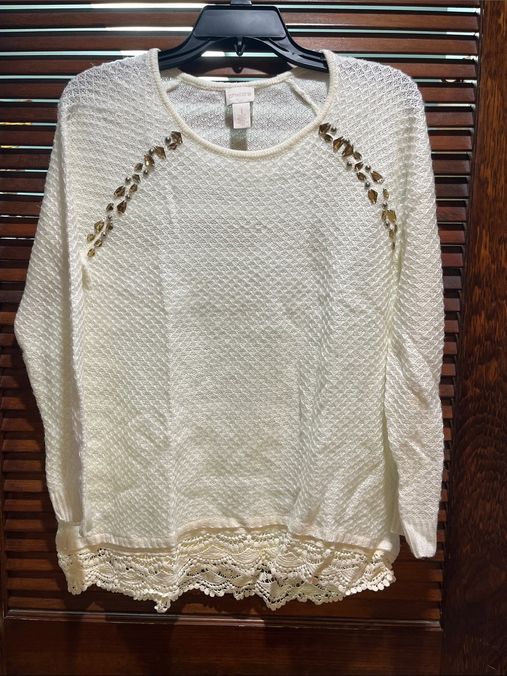 Chico's Cream Crochet-Hem Knit Sweater with Embellished Shoulders